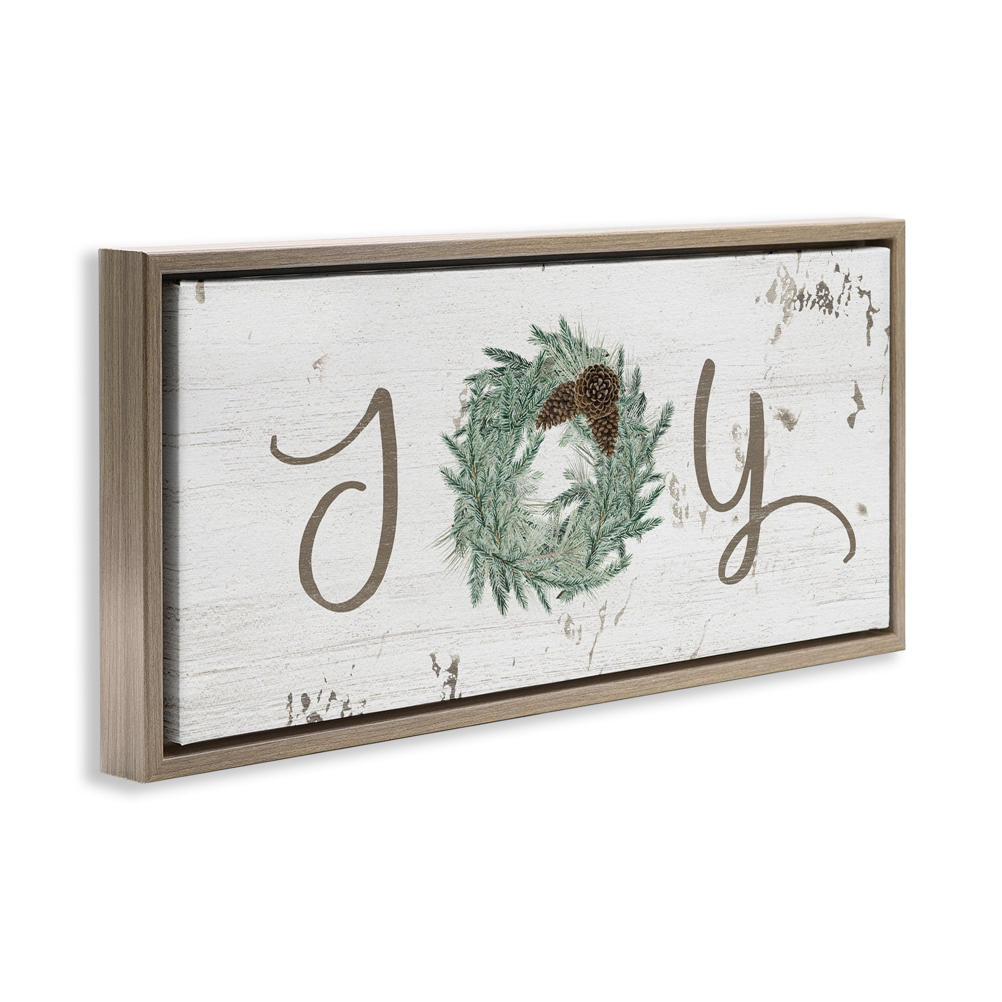 Stupell Industries Country Inspired Joy Wreath Holiday Painting Brown Floater Framed Canvas Art Print Wall Art, 25 x 11