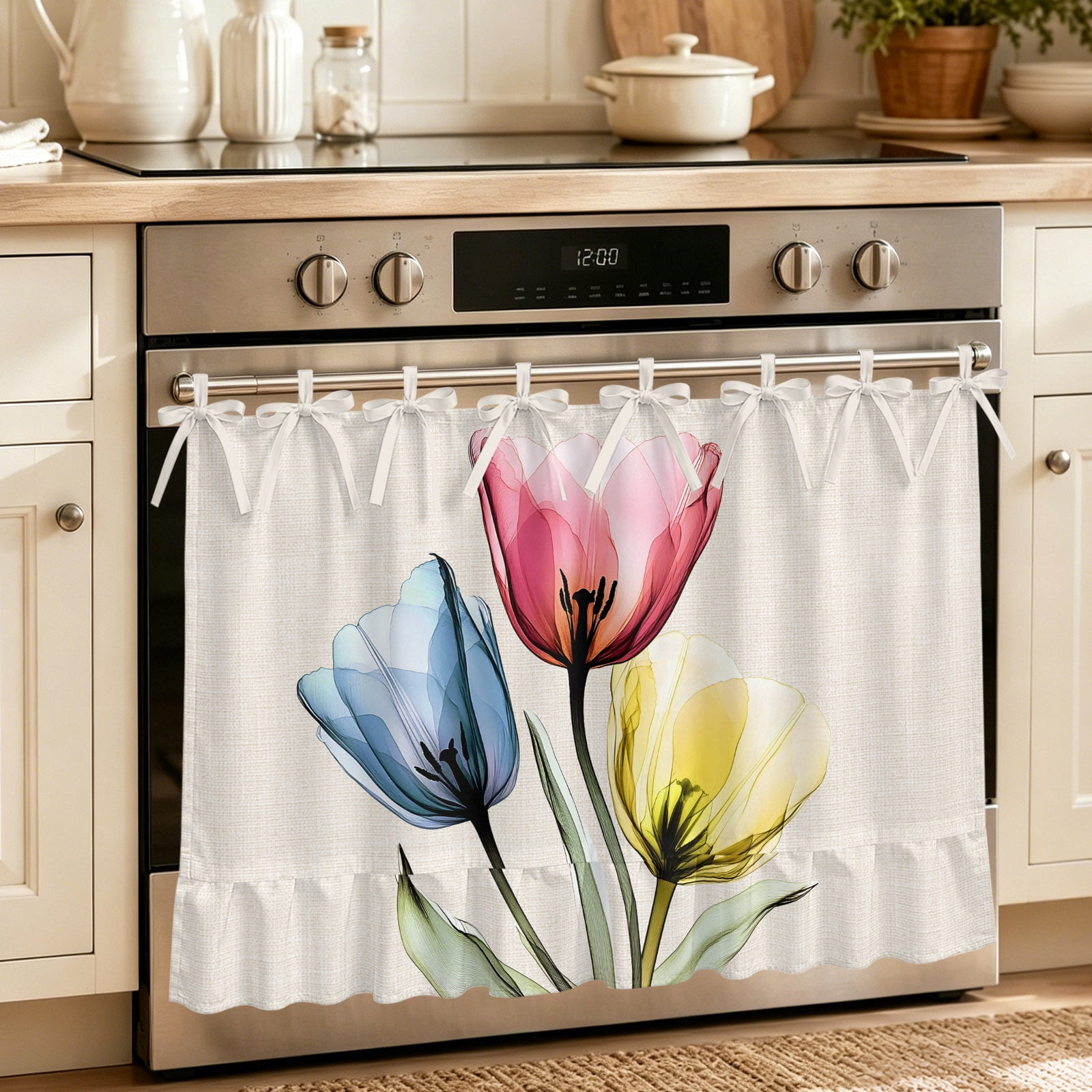 Abstract Flowers Oven Curtain with Tie Top Oven Skirt Curtain for Kitchen Colorful Tulips Country Wildflowers Under OvenCover Panel for Dust & Grease Apartment RV Cabinet Curtains 30 x21.5