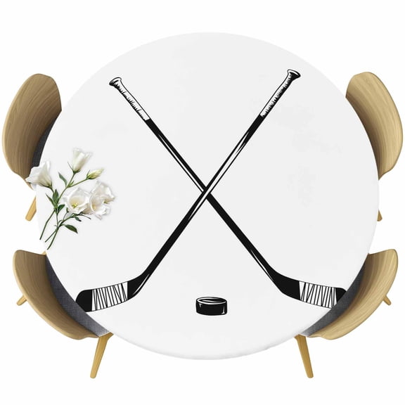 Ice Hockey Round Tablecloth 45-54 Inch Round Fitted Table Cloth with Elastic Edge, Modern Minimalist Ball Sports Game Art Waterproof Table Cover Protector for Outdoor Picnic Party Dining