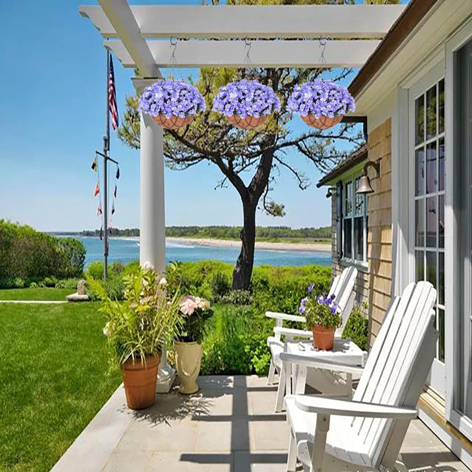 Artificial Hanging Flowers with 12" Basket Outdoor Spring Summer Decor, Fake Hydrangea UV Resistant Arrangements in Pot Planter Decor for Indoor Porch Garden Yard (Double Blue)