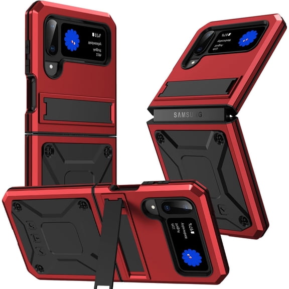 for ZFlip 3/ ZFlip 4 5G Heavy Duty Metal Case with Stand Cover Rugged Compatible with Samsung Galaxy Z flip 3/4 5G Phone Case Hard Funda Red