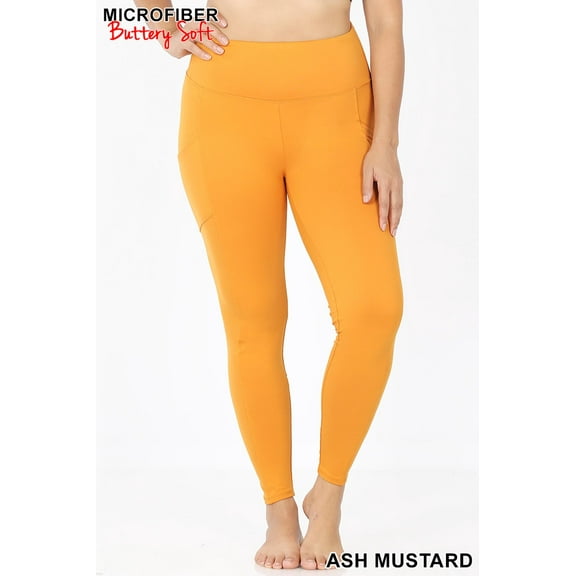 Brushed Microfiber High Waisted Plus Size Sport Leggings with Side Pockets Ash Mustard 1XL