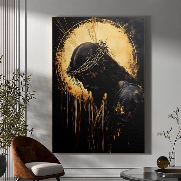 Jesus Crown Of Thorns Art Sacred Gold Halo, Religious Poster, Wall Art for Decor, Present, Poster Only