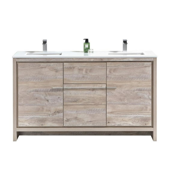 Kubebath 60″ Double Sink Nature Wood Modern Bathroom Vanity with White Quartz