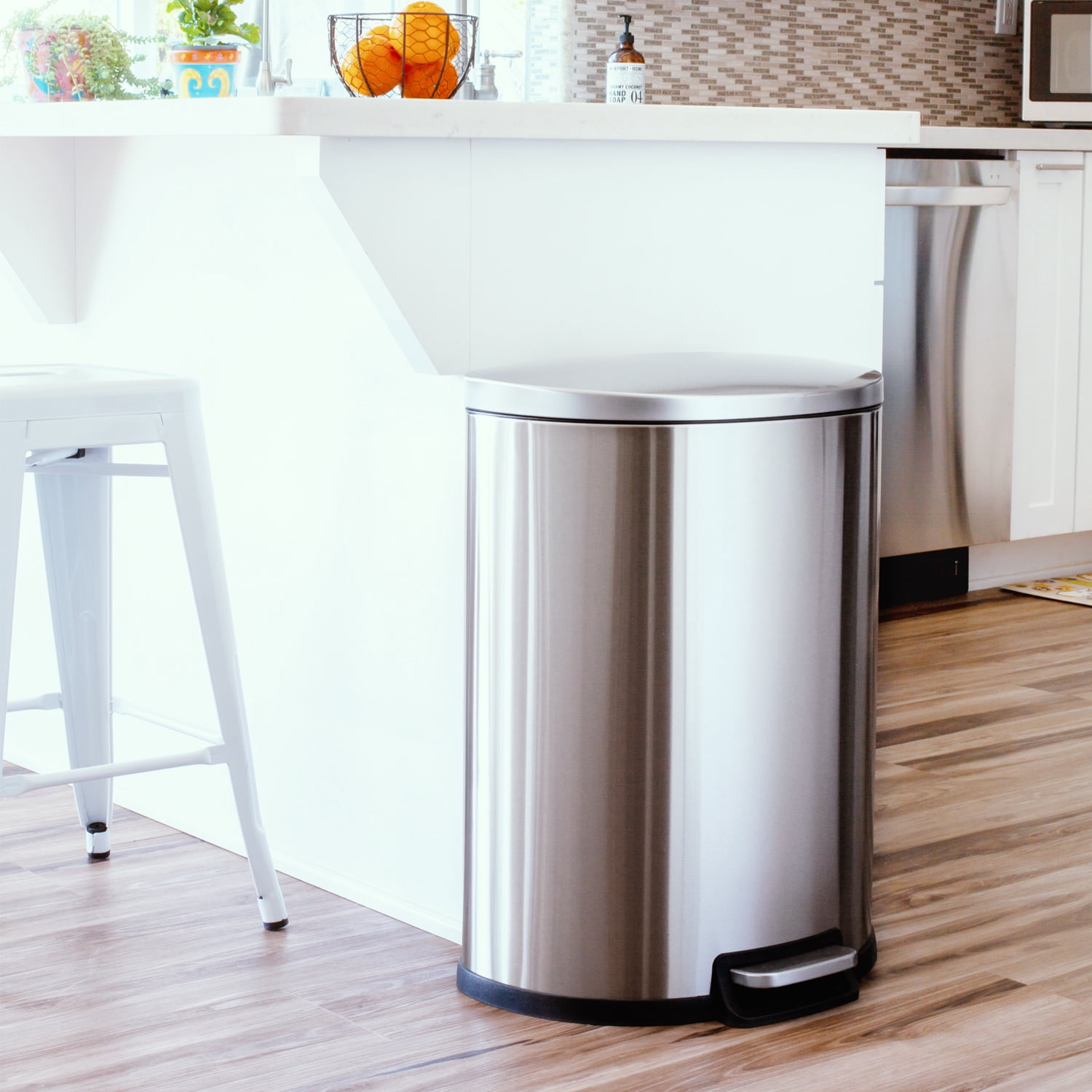 Qualiazero Kitchen Bathroom Trash Can Combo, 13.2 Gallon and 1.6 Gallon Stainless Steel Step Garbage Bin with Soft Close Lid, Silver
