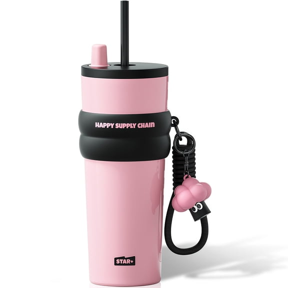 Sidagar 24 oz Ceramic Lined Stainless Steel Insulated Everyday Tumbler, Leak-Resistant Straw Lid, Macron Pink