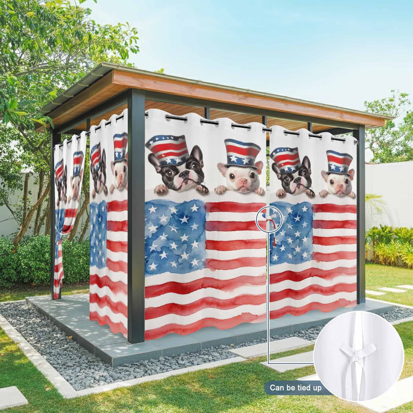 Independence Day Outdoor Curtains for Patio, Watercolor Red Blue Flag Hat Dog Parrot Sunshade Privacy Drapes Grommet Waterproof Outside Curtains for Porch/Cabana/Balcony 54"x 108", 1 Panel