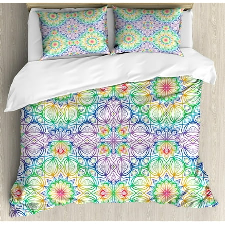 King Size Stripes Duvet Cover - Rainbow Mandala King Size Duvet Cover Set, Colorful Stripes with Flower Pattern Mystical Oriental Folklore Boho Motifs, Decorative 3 Piece Bedding Set with 2 Pillow Shams, Multicolor, by Ambesonne