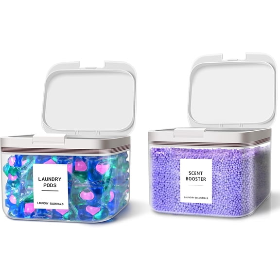 94oz /2.8L Laundry Pods Container for Laundry Room Organization, 2 Pack Laundry Pod Up Holder with 30 Labels and Scoop, Laundry Detergent Powder Container, Dryer Sheet Holder