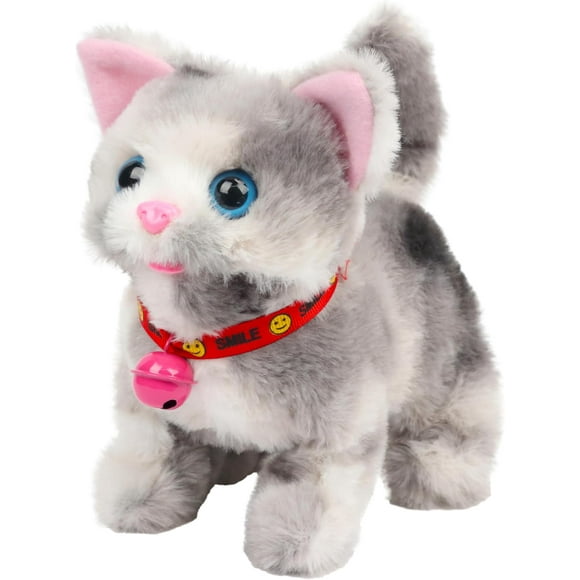 Walking Grey Cat Stuffed Animal Talking Wagging Nodding Educational Plush Kitty Toy Electric Interactive Animated Plushies for Girls Boys Birthday, 7"