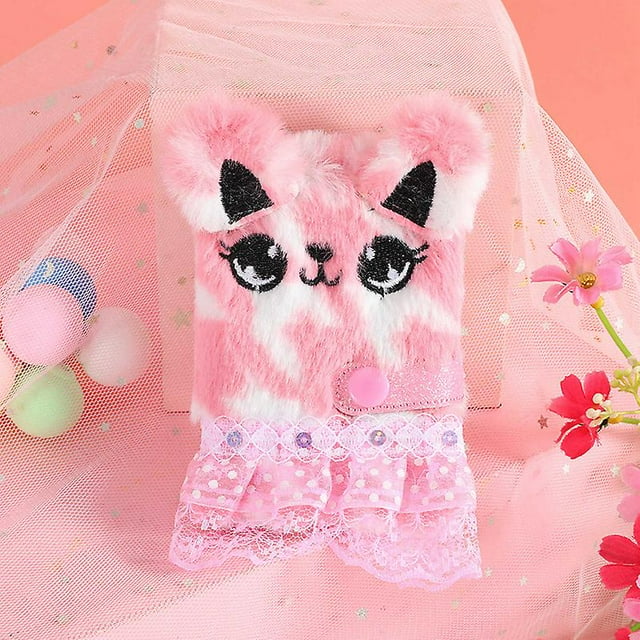 Cute Cat Plush Notebook For Girls Pendant Keychain Furry Cats Notebook Daily Planner Journal Book Note Pad Stationery