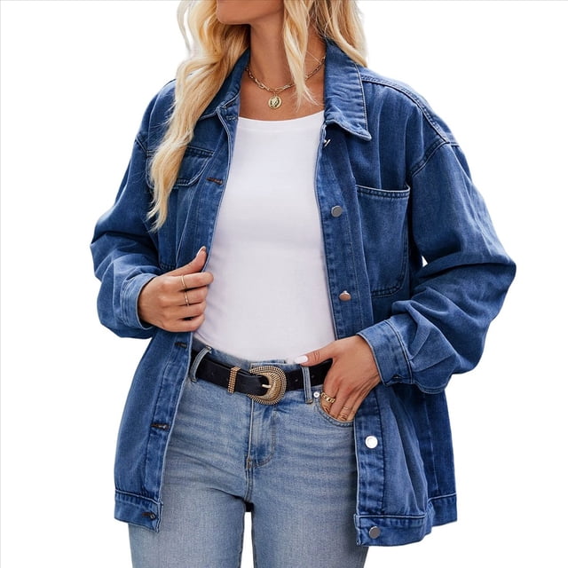 Chaqueta Vaquera Informal de Larga con Solapa y Botones para Mujer, Estilo Boyfriend, Holgada, A . Azul Oscuro L