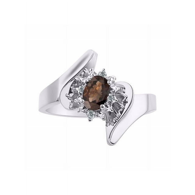 Rylos Floral Designer Ring with 6X4MM Oval Gemstone & Sparkling Diamonds in Sterling Silver- Birthstone Smoky Quartz Jewelry Size 5