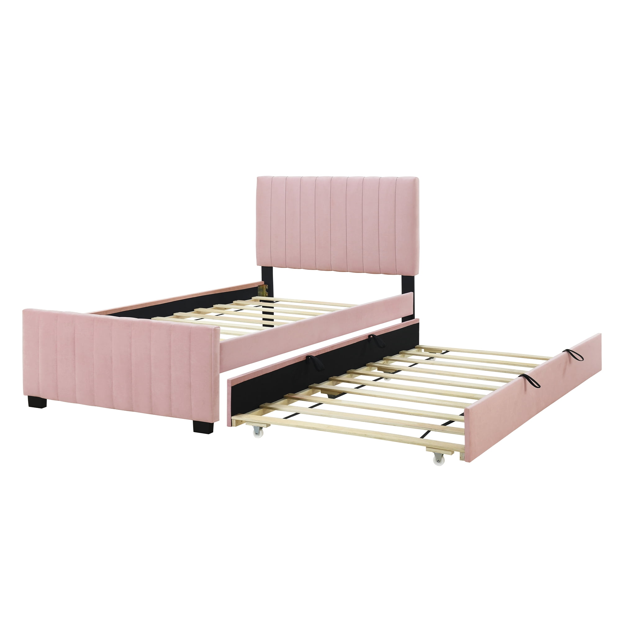 Aukfa Twin Size Upholstered Platform Bed Frame with Twin Size Trundle for Bedroom,Guestroom, Pink