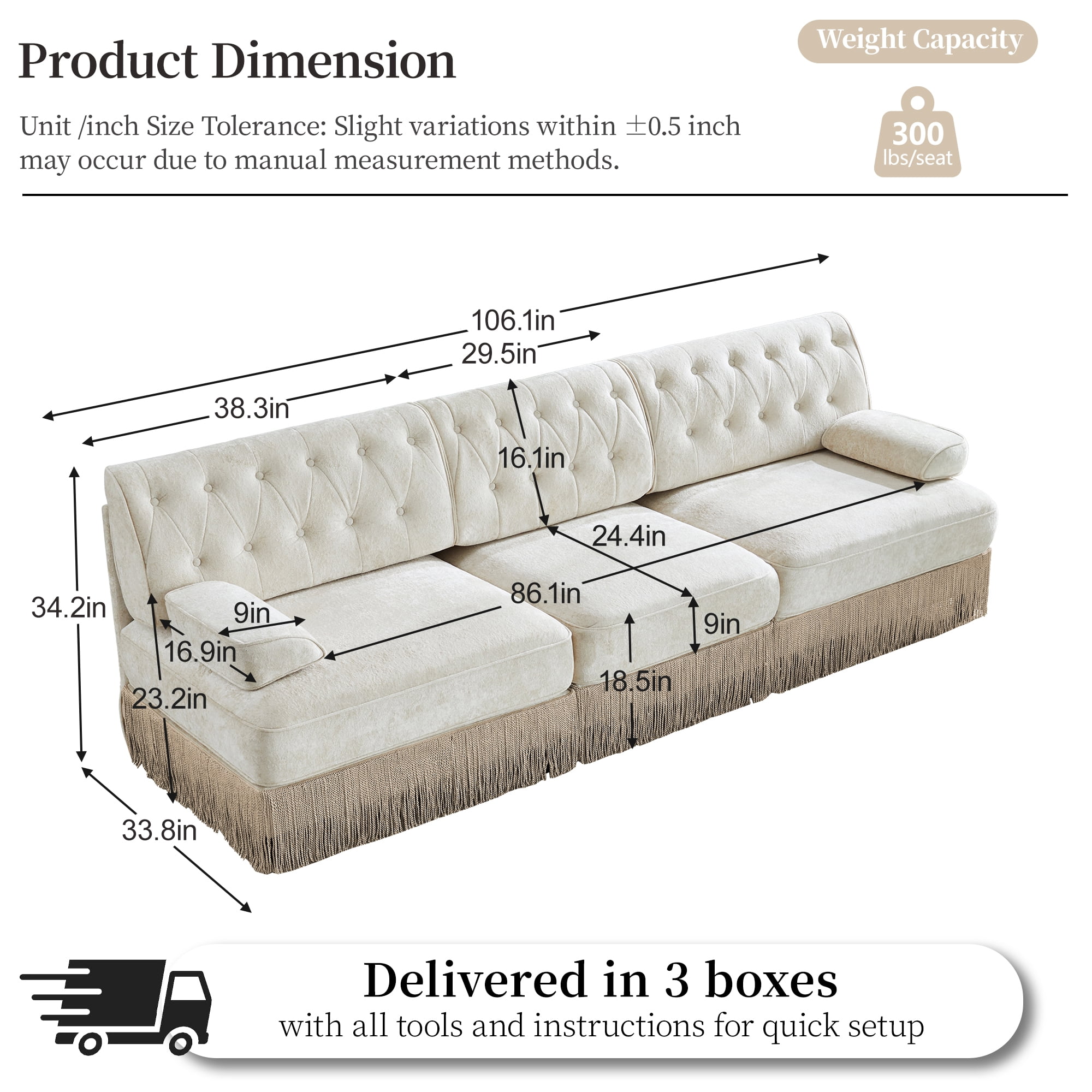 3‑Piece Sectional Sofa Set, 2 Pcs Loveseat & 1 Pcs 106" 3‑Seater Sofa Couch Set with Tassel Skirt