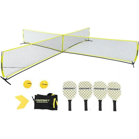 CROSSNET Pickleball Set with Net - 4 Square Pickleball Net - Includes 4 Pickleball Paddles, 2 Outdoor Pickleball Balls, Portable Travel Bag, Steel Frame & Convertible Net - Regulation Size Net System