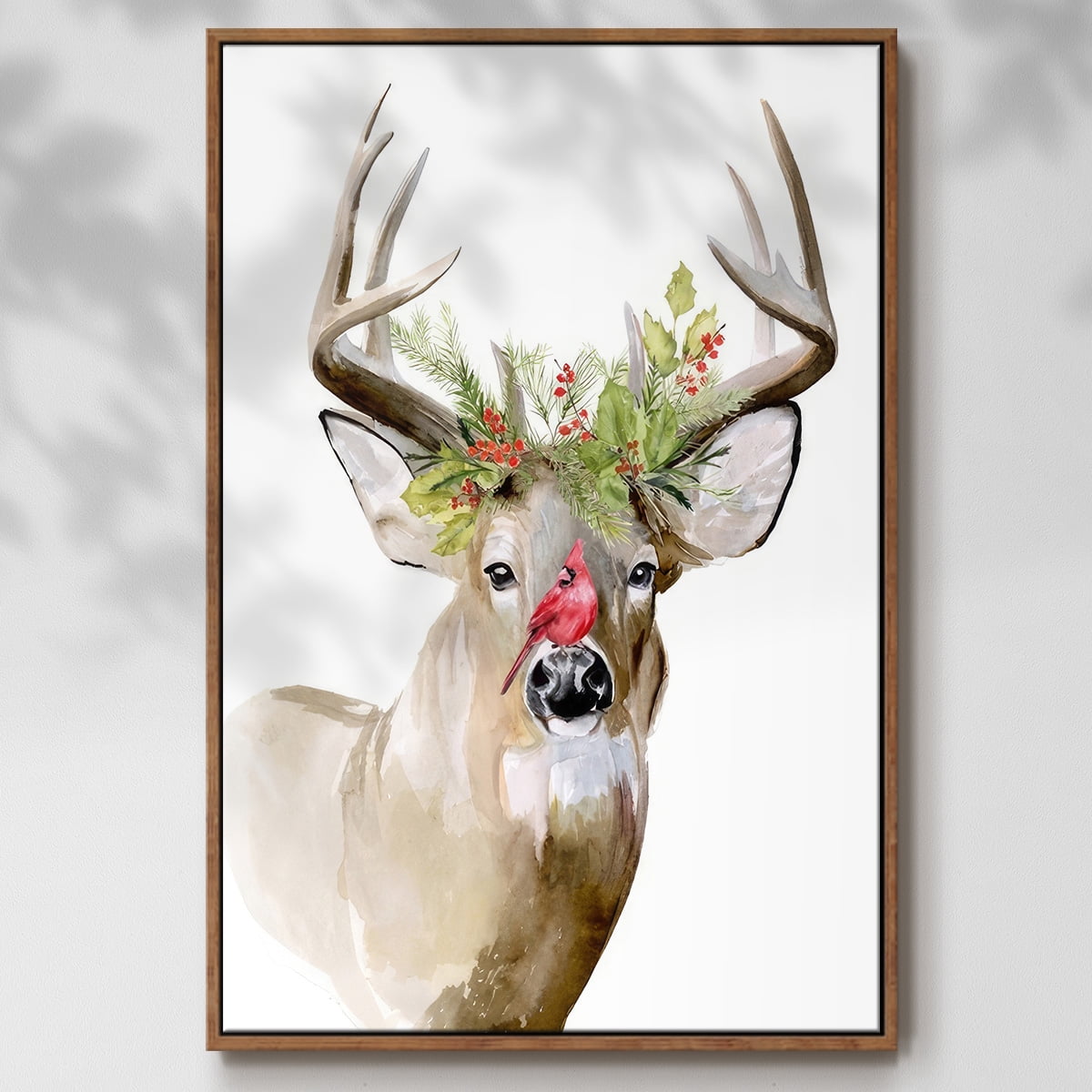 Holiday Deer II - Framed Gallery Wrapped Holiday Canvas - 25 x 37 - Rosewood Frame