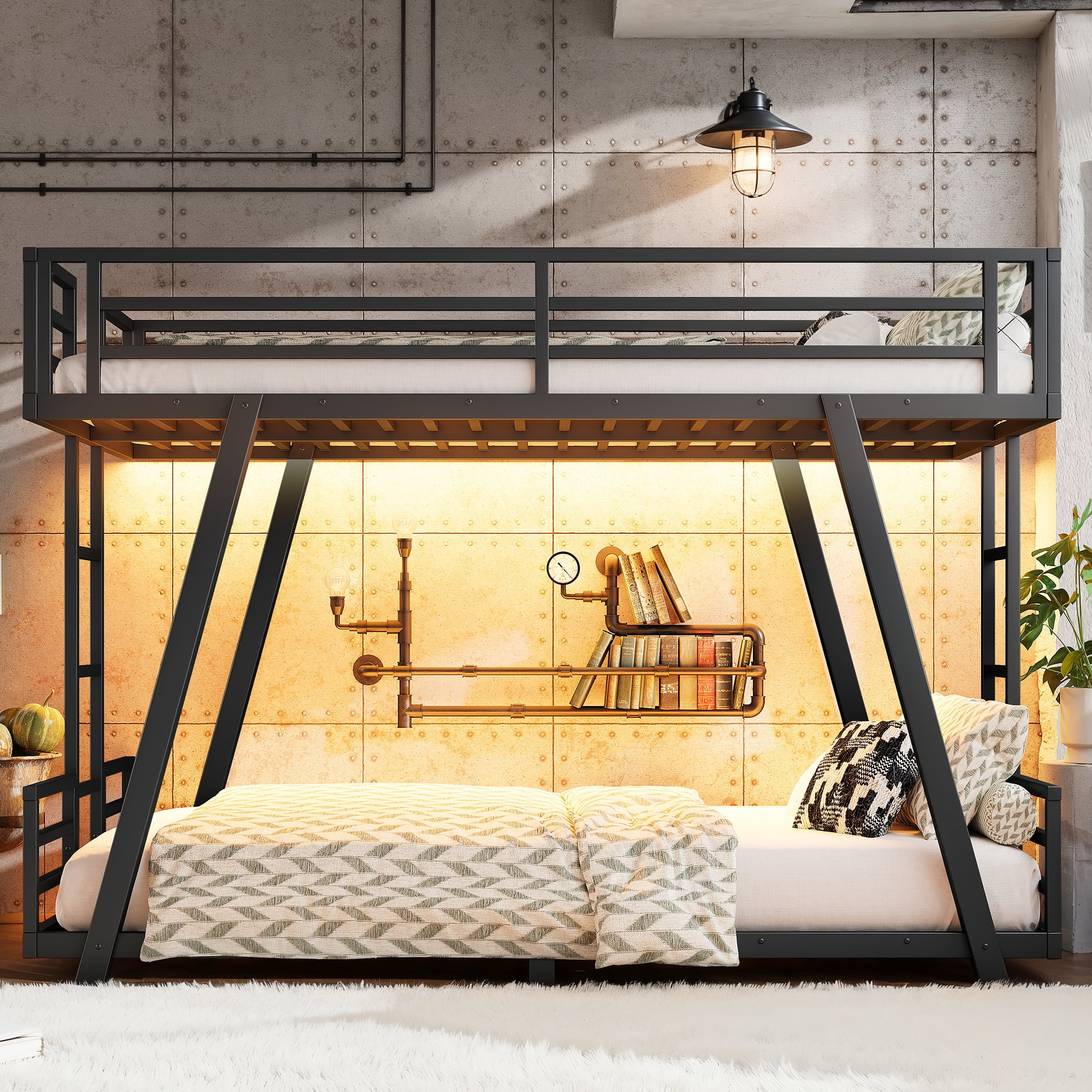 Leumius Twin XL over Twin XL Bunk Bed Frame with 2 Side Ladders, Metal Bunk Bed with Spdcial Support Leg Design and LED Light, Low Profile Bunk Bed for Teens Adults Black