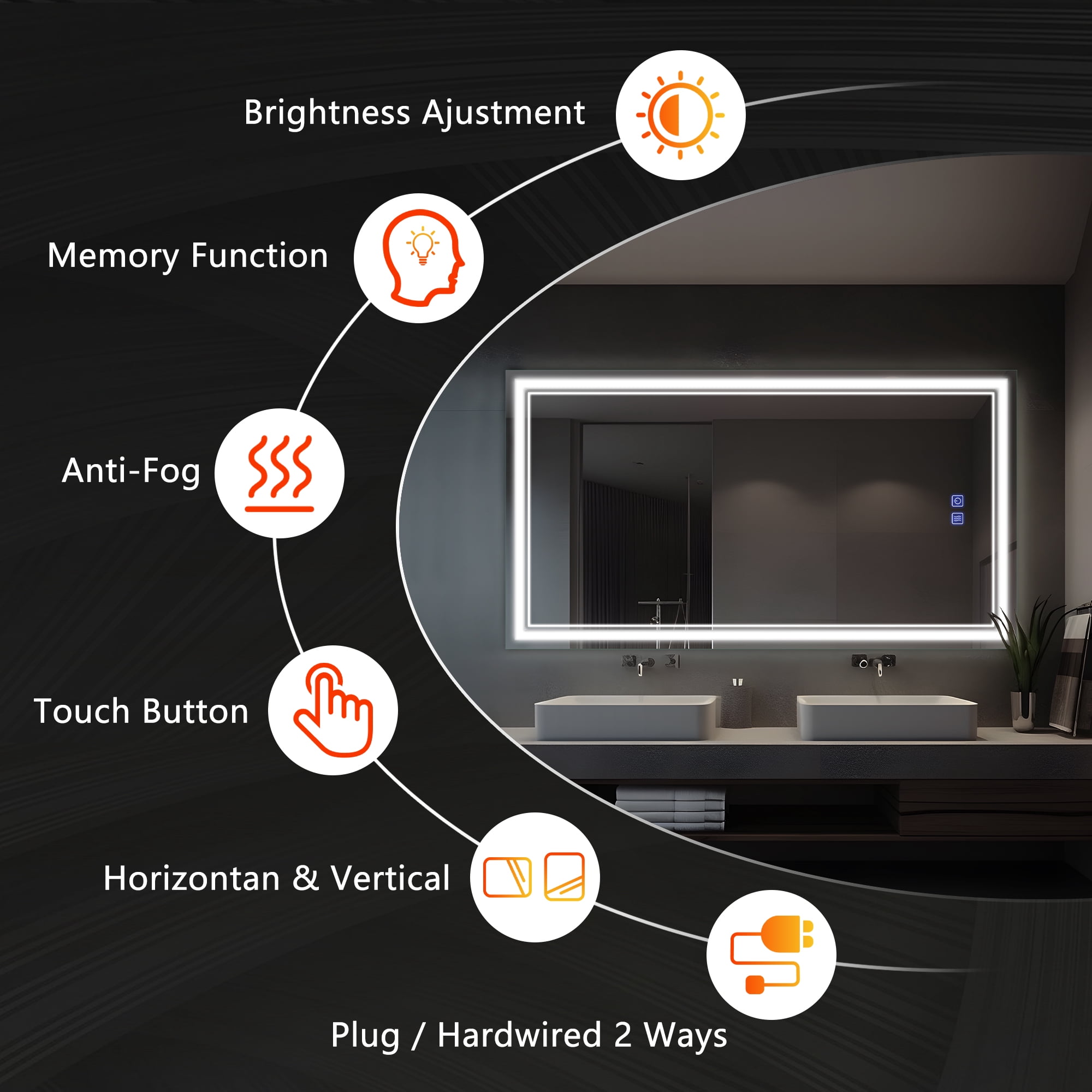 59"x35" LED Ring Wall Mounted Bathroom Mirror Modern Rectrangle Vanity Mirror with Anti-Fog,Silver