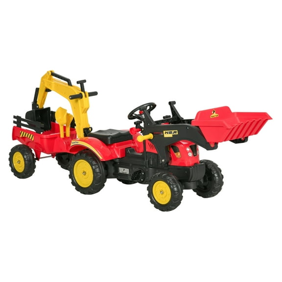 3 in1 Kids Ride On Excavator/Bulldozer, Pedal Car Digger Toy Move Forward/Back with 6 Wheels and Detachable Trailer
