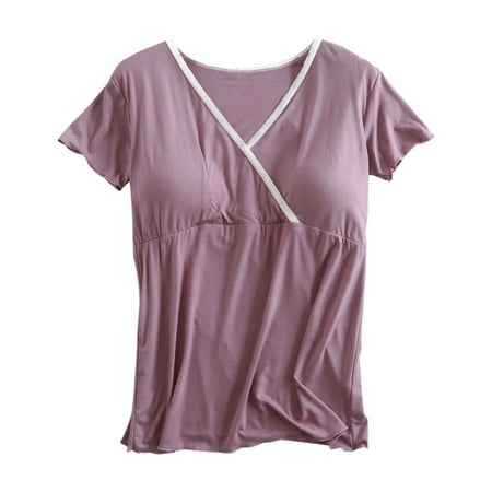 VEKDONE Clearance Maternity Tees for Women Summer Shorts Sleeve Nursing Tops Button Breastfeeding Tshirts with Built in Bra Stretchy Pregnancy Blouse Camisa de Maternidad Purple XL