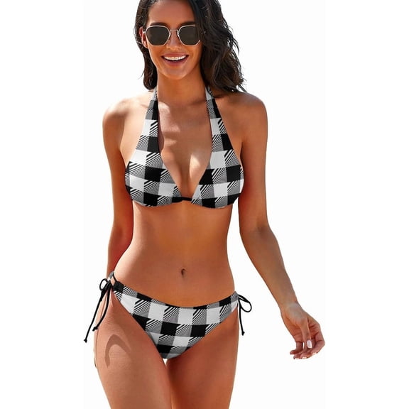 SKQIT Women's Simple Check Plaid Print Halter Triangle Tie Side Bikini Bathing Suits 2 Piece Tropical Summer Swimsuits