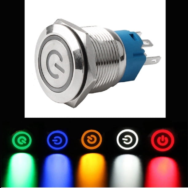 Bouton Poussoir Marche/arrêt Métal étanche 19mm LED 110-220V (symbole Power) NEUF
