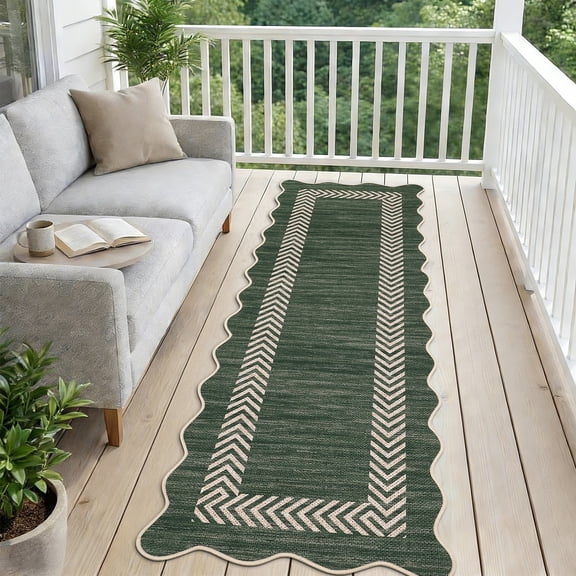 Scalloped Easy Jute Rug 2'x6' Non-Slip No-Shed Washable Area Carpet, Geometric Border Indoor Outdoor Rug for Patio Dining Room Backyard Office
