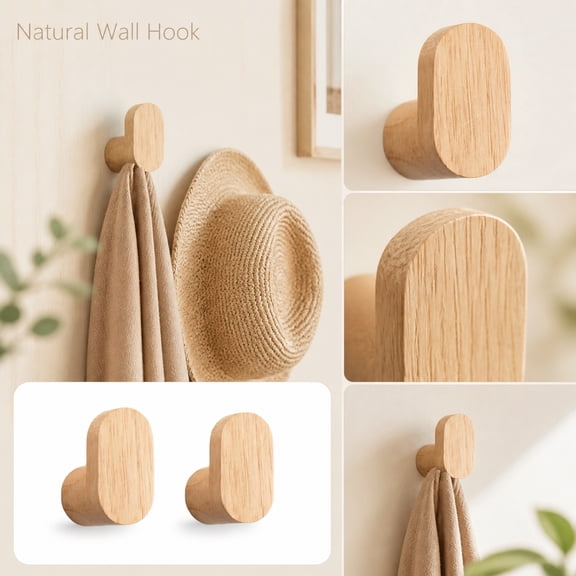 Wood Wall Hooks, 2 Pack Modern Minimalist Wood Hooks Wall Mounted, Natural Wooden Wall Coat Hook Rack, Wooden pegs for Hanging Hat, Towel, Robe, Bag