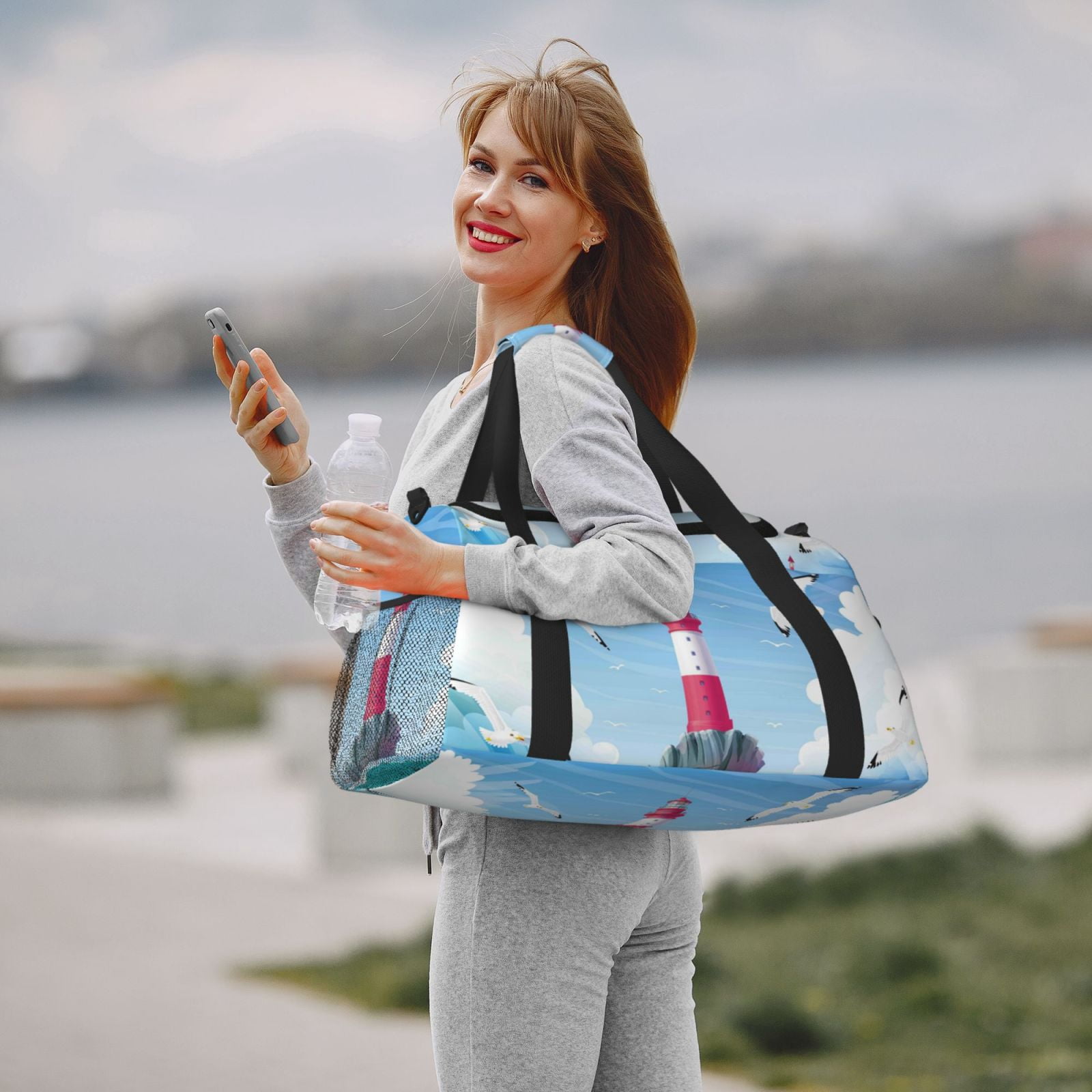 Defioc Lighthouse Sea Port Print Hand Travel Bag - Foldable Travel Duffel Bags for Men Women -Sport Gym Bag - Overnight Travel Duffel Bag - Adjustable Shoulder Strap
