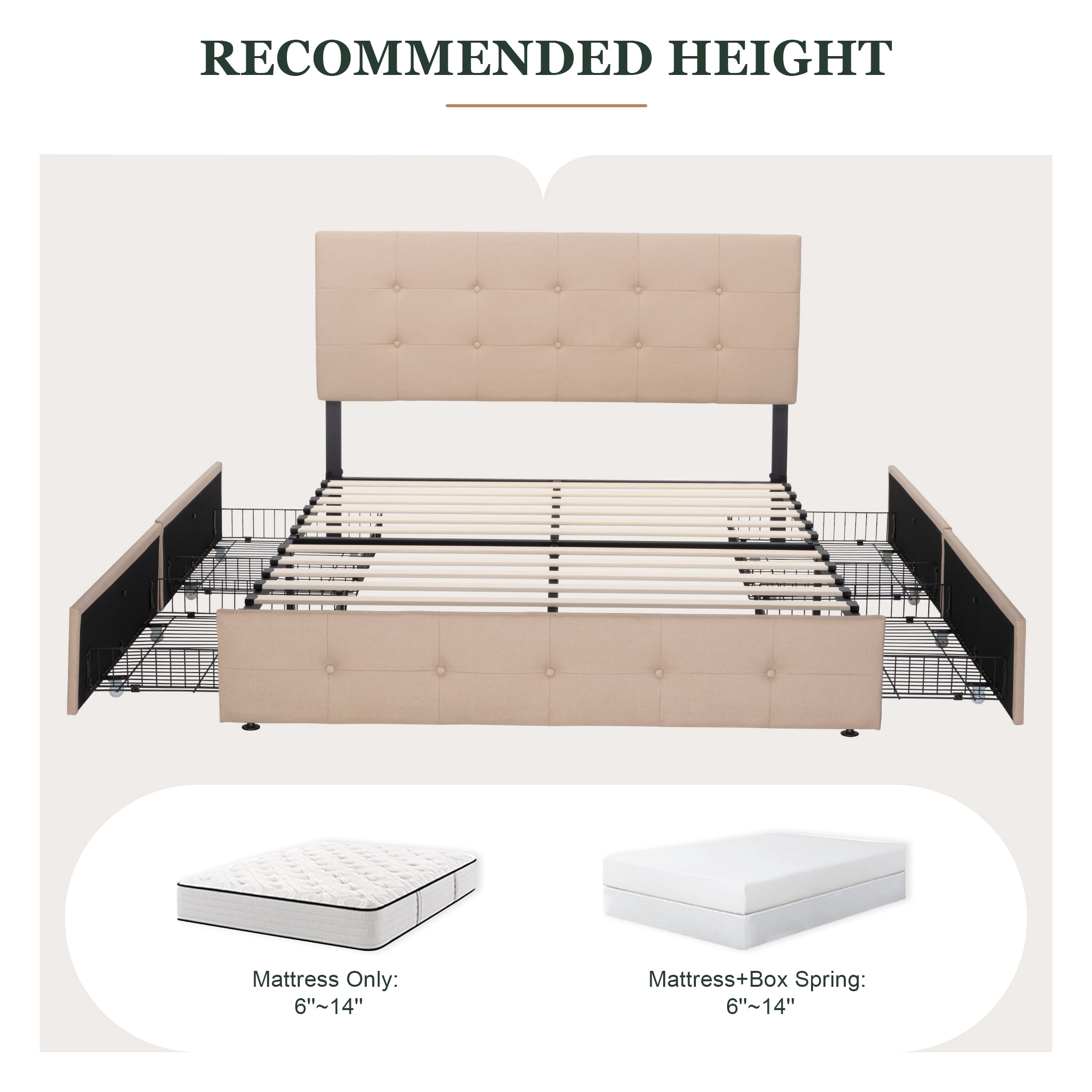 Amolife Queen Size Platform Bed Frame with Square-stitched Headboard and 4 Drawers, Beige