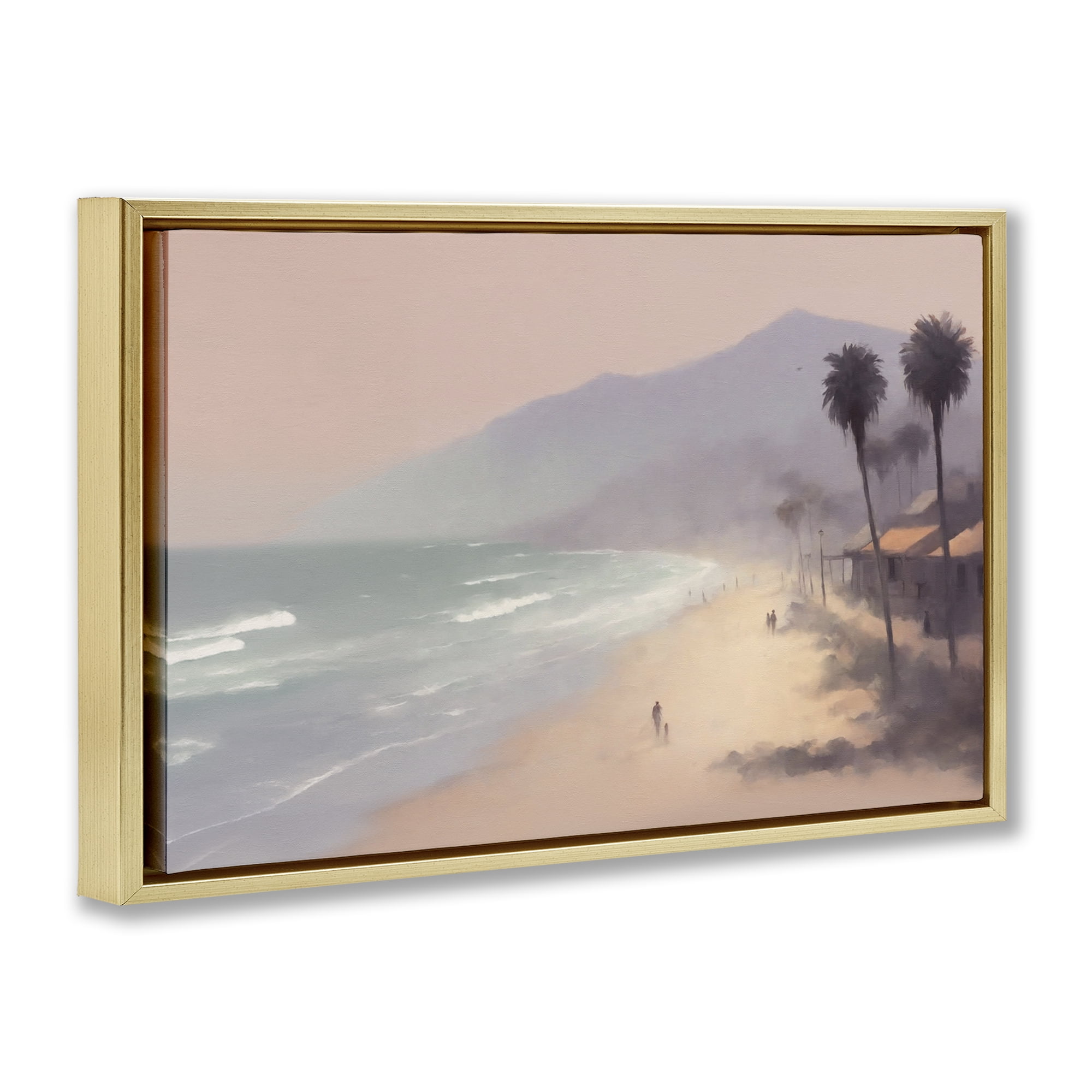 Stupell Industries Beachside Cabins View Landscape & Nature Painting Gold Floater Framed Canvas Art Print Wall Art, 31 x 21