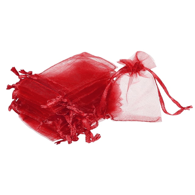 uxcell 100pcs bolsas de organza 2x3 pulgadas pouches de favor con cordón bolsa de malla roja paquete de 100 bolsas rojas de organza 5x7 cm, vista frontal con una bolsa cerrada y un conjunto apilado, malla translúcida de tela y cordón de cierre, adecuada para dulces, joyas o pequeños regalos en fiestas.