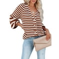 thumbnail image 3 of Womens Striped Sweater Coat Casual Long Sleeve Open Front Button Down Loose Knit Cardigan Fall Brown M, 3 of 9