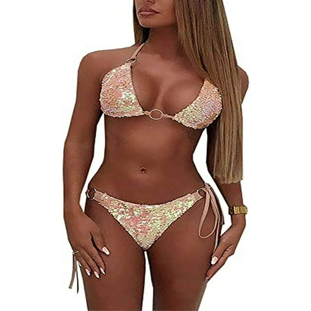 Women Sexy Sequins Triangle Bikini 2 Piece Halter Padded Swimsuit Summer Sparkling Bathing Suit