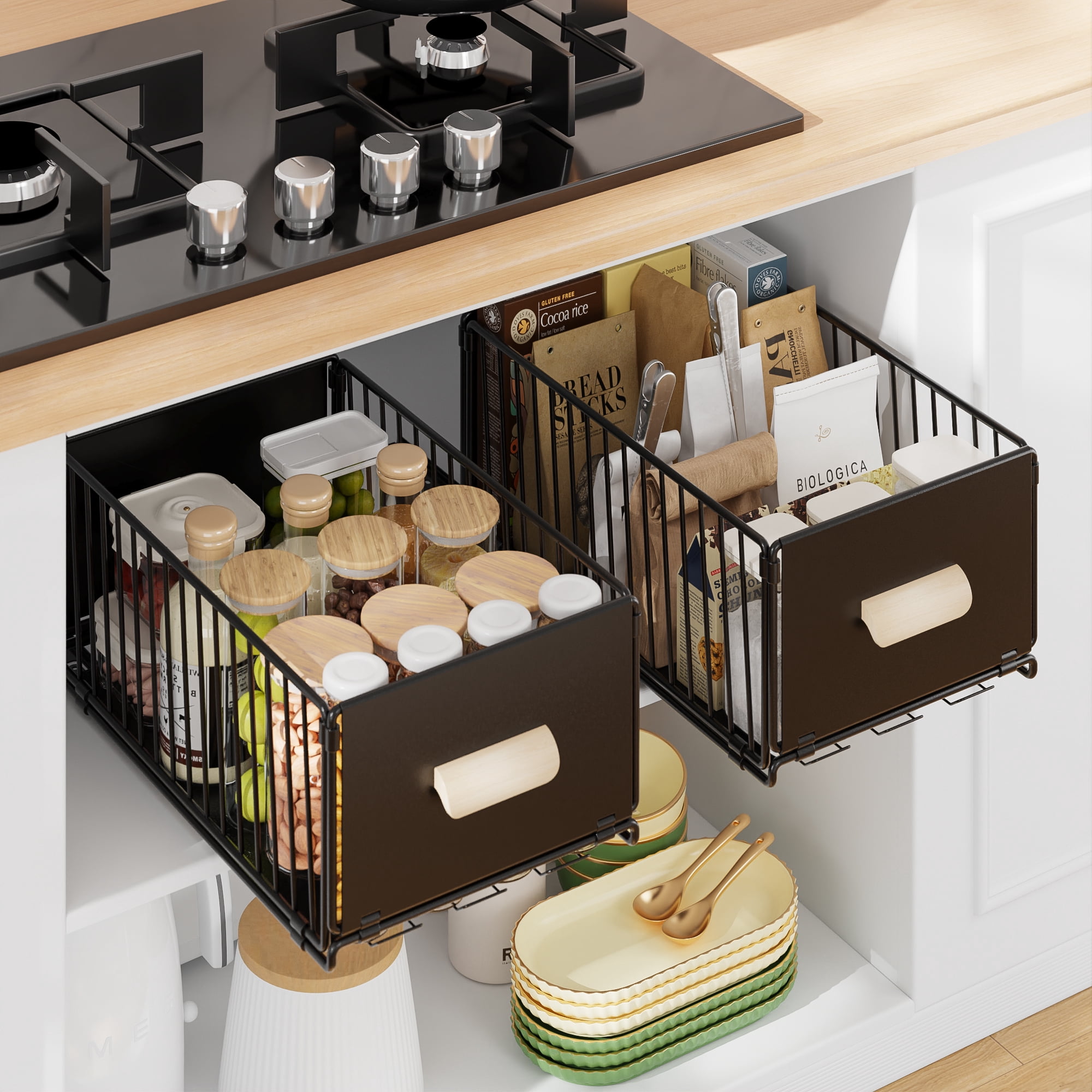 Bemico 2 Pack Pull Out Cabinet Organizer, No Drill Slide Out Pantry Shelves Drawers with Handle for Kitchen, Cupboard, Bathroom, Pantry, Sink, 15.75"Dx9.45"Wx6.69"
