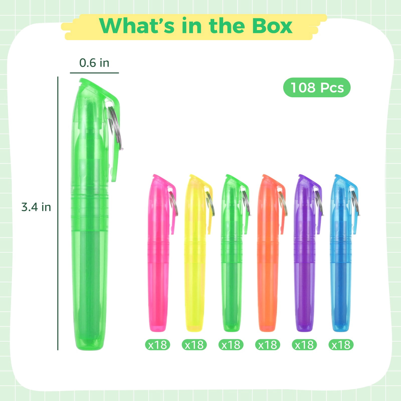 108 PCS Mini Highlighters, Pocket Highlighter with Key Ring, 6 Colors Smooth Liquid Highlighters Florescent Color Pens for Students Teachers Offices, Colorful Portable Makers for Marking Notes