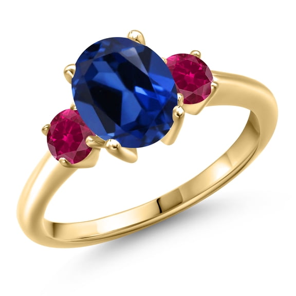 Gem Stone King 10K Yellow Gold Blue Created Sapphire and Red Created Ruby Engagement Ring for Women | 2.80 Cttw | Oval 9X7MM | Gemstone September Birthstone | Size 6