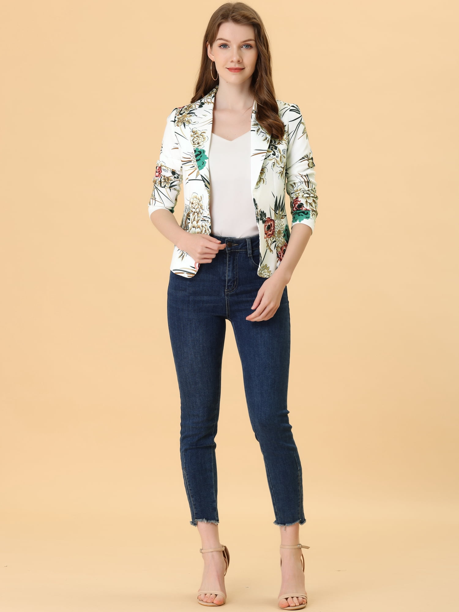 DARING DIVA Women's Elegant Notched Lapel Floral Print Blazer L White-Flower