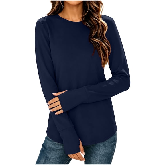 Byworldtasic Women's Cotton Long Sleeve Shirts with Thumb Holes Crew Neck Soft Basic Tee Casual Plain T-Shirt