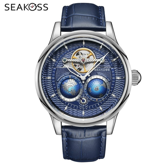 SEAKOSS Luxury Double Earth Rotating Men's Mechanical Watch Wristwatches Automatic Movement Waterproof Clock Leather Pilots Flywheel Device Men 1963 Chronograph Watches