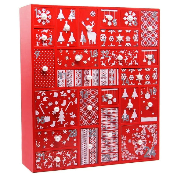 Juegoal Calendrier de l'Avent Rouge avec 24 Tiroirs Compte à Rebours jusqu'à Noël, Bois Rechargeable, 15 Pouces de Haut