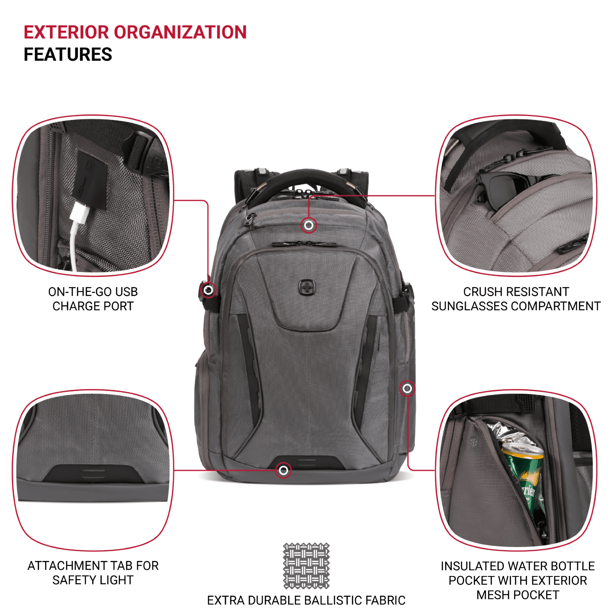 SWISSGEAR Travel Tech Elite 16” Laptop Backpack, ScanSmart, TSA-Friendly, USB Port, Grey Ballistic