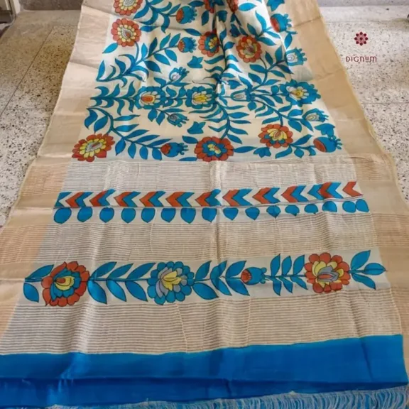 Pearl White Hand Painted Pen Kalamkari Saree