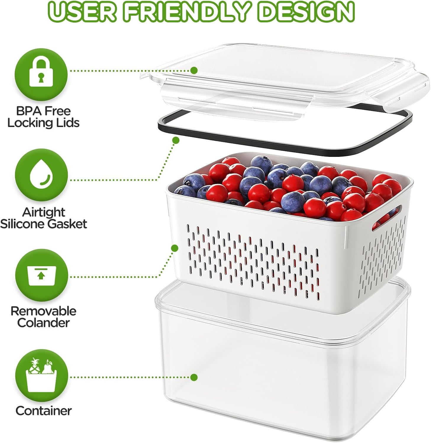 Fruit Storage Containers for Fridge, Produce Containers for Fridge with Removable Colander, All-In-One Fruit Washing Bowl with Strainer Microwave/Dishwasher Safe for Salad Berry Lettuce Keeper