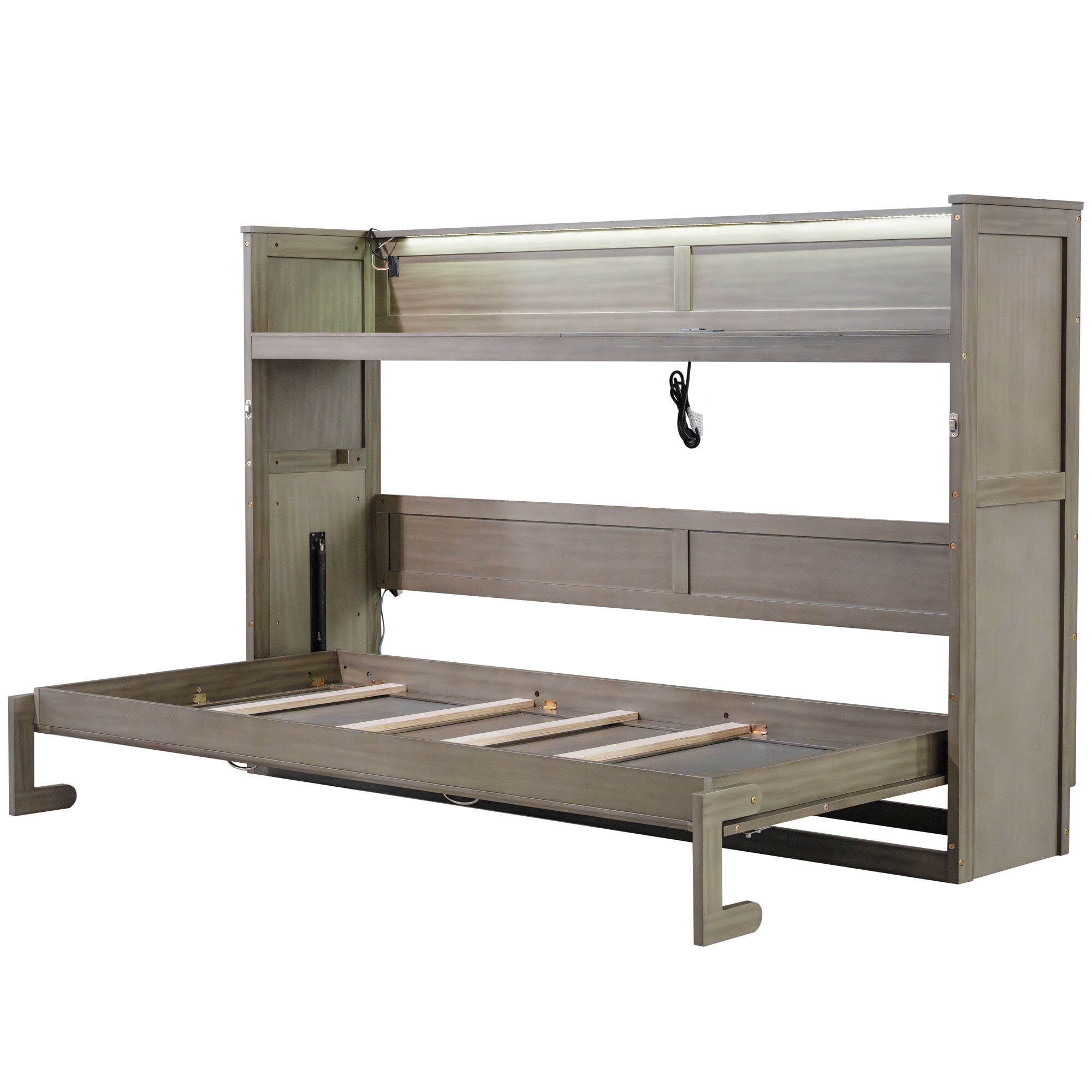 Euroco Wood Twin XL Murphy Bed with Desk and LED Light, Storage Wall Bed with USB Charging Station