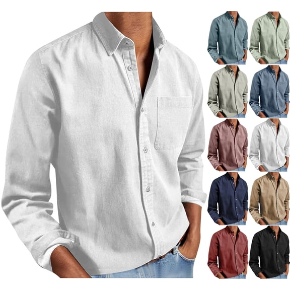 Danhjin Button Down Shirts for Men Long Sleeve Collared Casual Solid Color Tops Fashion Beach Going out Comfy Soft Shirs with Pocket