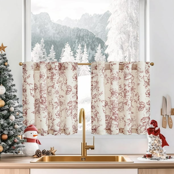 Cortinas de Cocina JINCHAN de Lino con Estampado Floral, 60 cm, Rojo Navideño, 2 Paneles