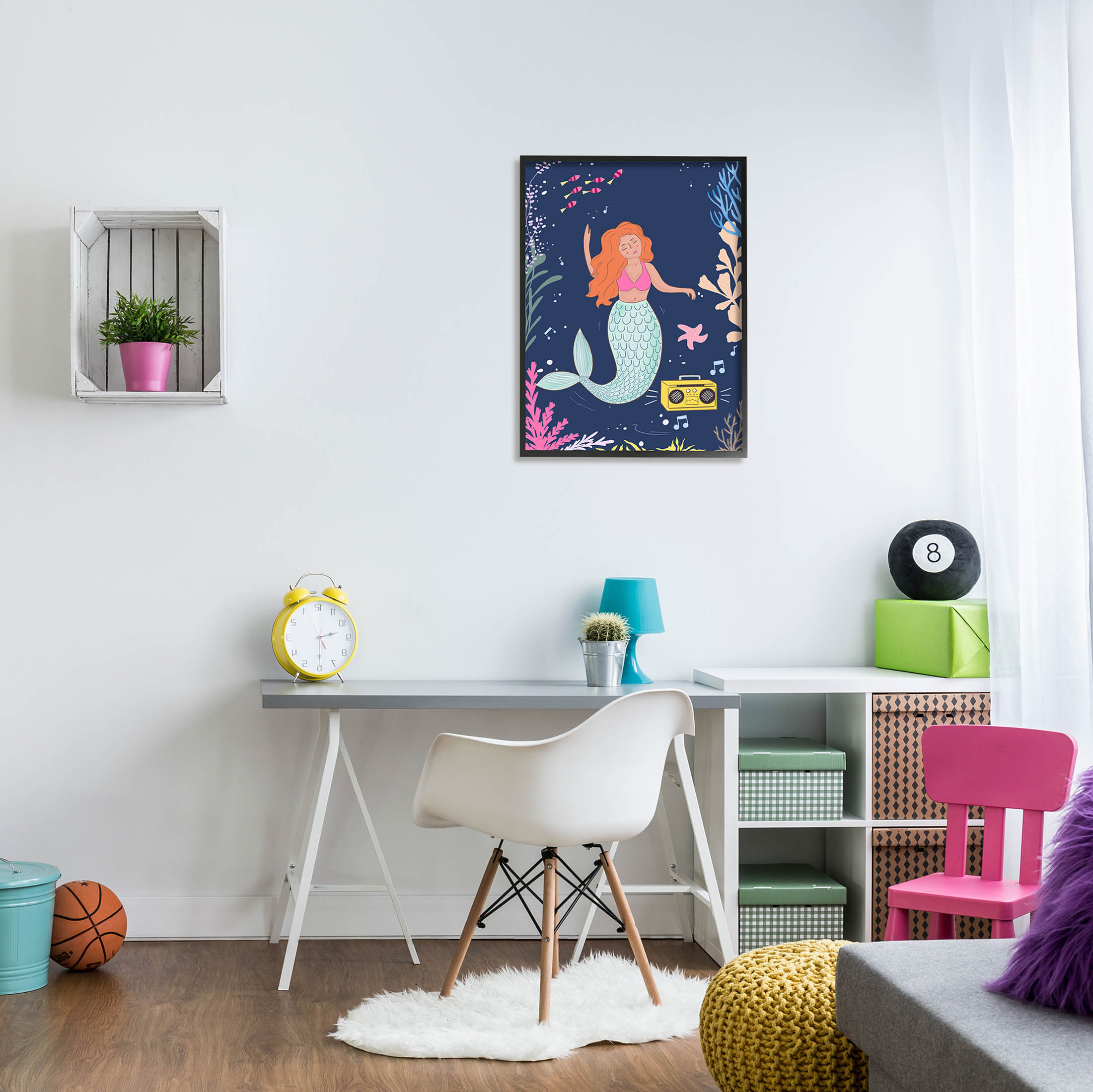 Stupell Industries Happy Mermaid Dancing Boombox Graphic Art Black Framed Art Print Wall Art, Design by Nikita Jariwala