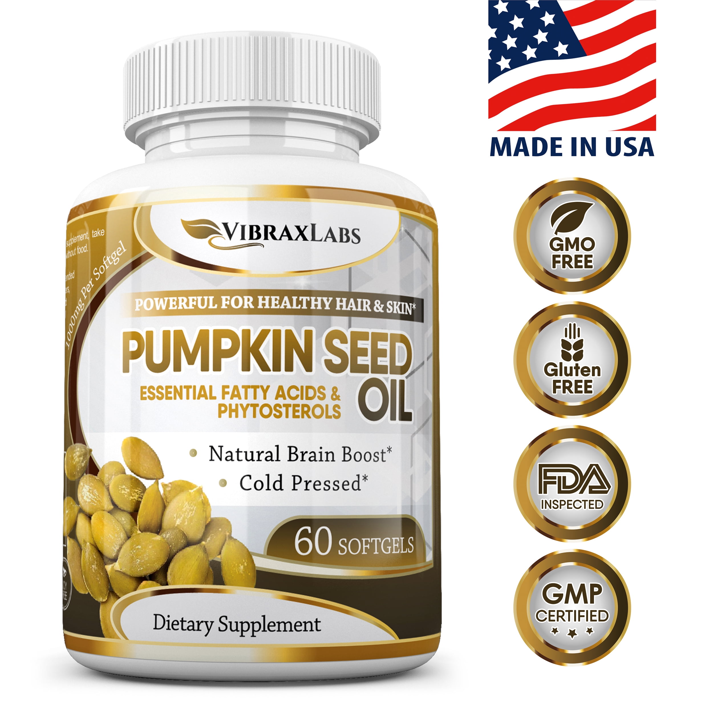 Vibraxlabs Pumpkin Seed Oil Supplement 1000mg-100% Cold Pressed, for Hair Growth, 60 Softgels